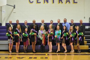 Photo by Ellie Richmond Central High School’s Homecoming princesses stand proudly with their fathers, from left, (front row) Samantha Bishop, Megan Dech, Savannah Mills, Yolanda Bell, Queen Cara Williams, Brittany Usry, Hannah Hankley, Ashley Genova, Brittany Tomlinson, Fallyn Hawks; (back row) Robby Bishop, Scott Wortham, Ricky Mills, Oscar Johnson, Todd Williams, Travis Usry, Scott Hankley, Kevin Genova, Chris Tomlinson and Brian Hawks.